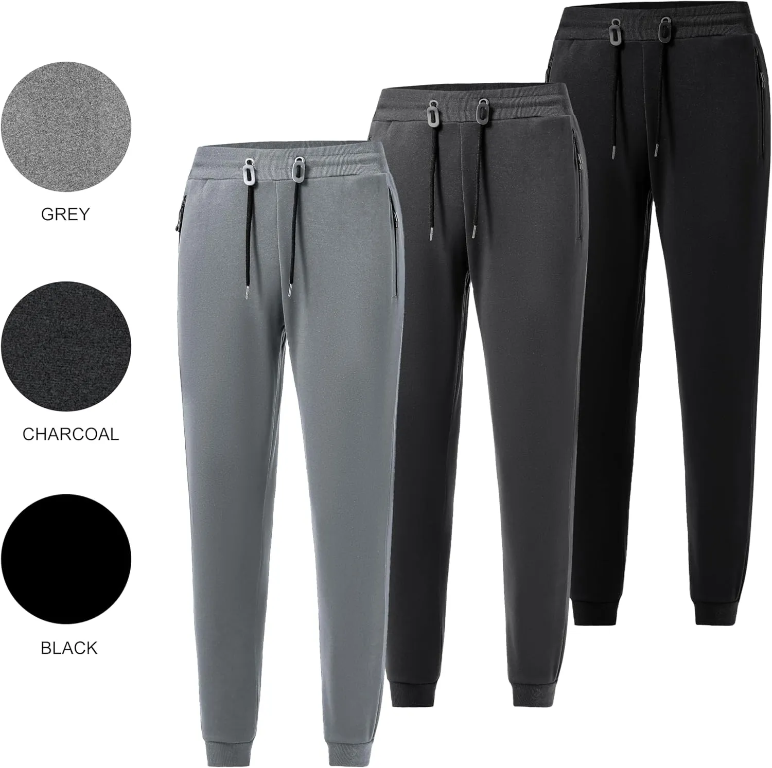 3 Pack Fleece Joggers for Men - Workout Mens Sweatpants with Zipper Pockets & Drawstring - Active Sweat Pants