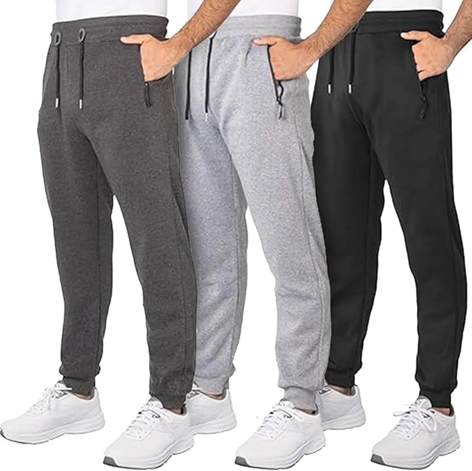 3 Pack Fleece Joggers for Men - Workout Mens Sweatpants with Zipper Pockets & Drawstring - Active Sweat Pants