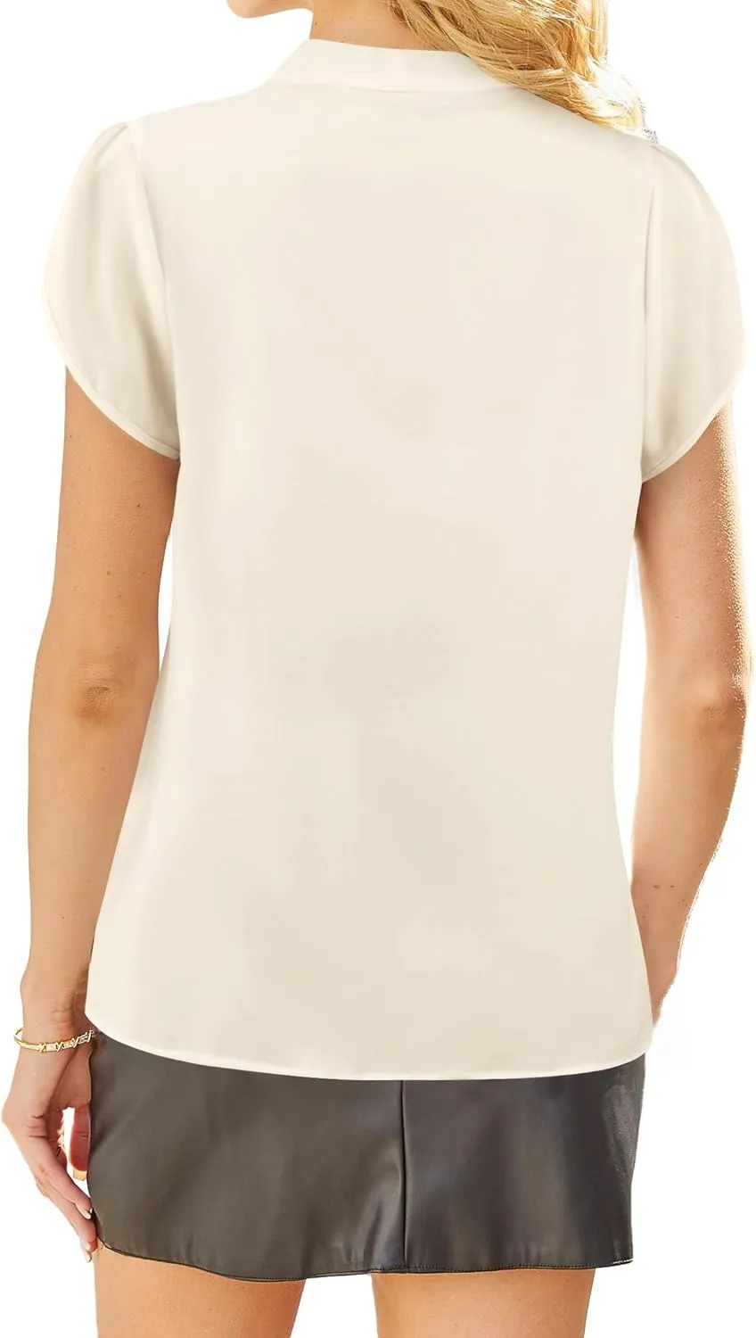 Avanova Women Bow Tie Neck Short Petal Sleeve Blouse Shirts Work Business Tops