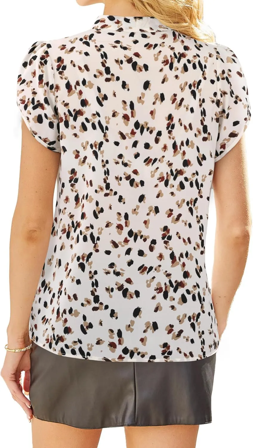 Avanova Women Bow Tie Neck Short Petal Sleeve Blouse Shirts Work Business Tops