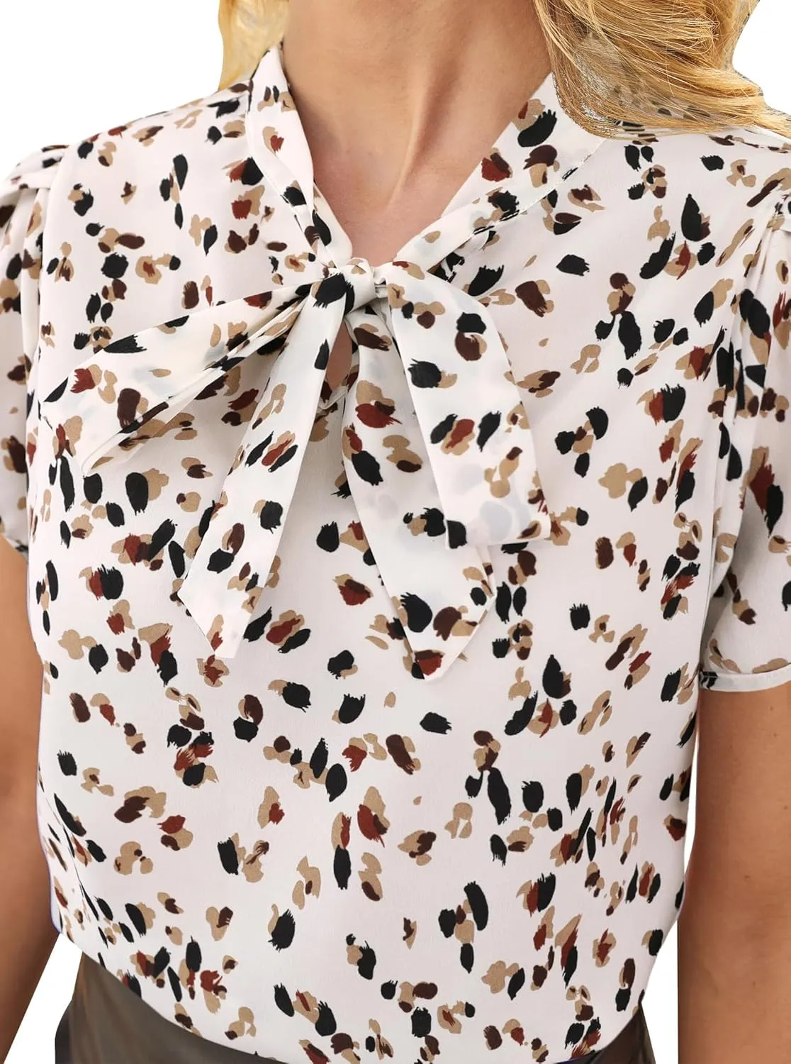 Avanova Women Bow Tie Neck Short Petal Sleeve Blouse Shirts Work Business Tops