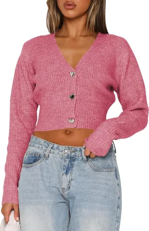 Balimtoy Cropped Cardigan Sweaters for Women Long Sleeve V Neck Knit Short Cardigan Button Up Sweater Trendy Fall Outfits