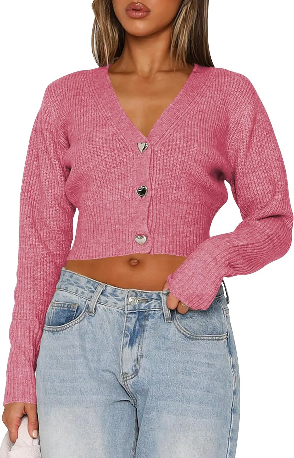 Balimtoy Cropped Cardigan Sweaters for Women Long Sleeve V Neck Knit Short Cardigan Button Up Sweater Trendy Fall Outfits