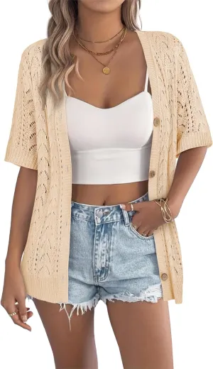 BB&KK Women's Crochet Open Front Cardigan Button Short Sleeve V Neck Soft Knitted Sweater Outerwear Cover Up