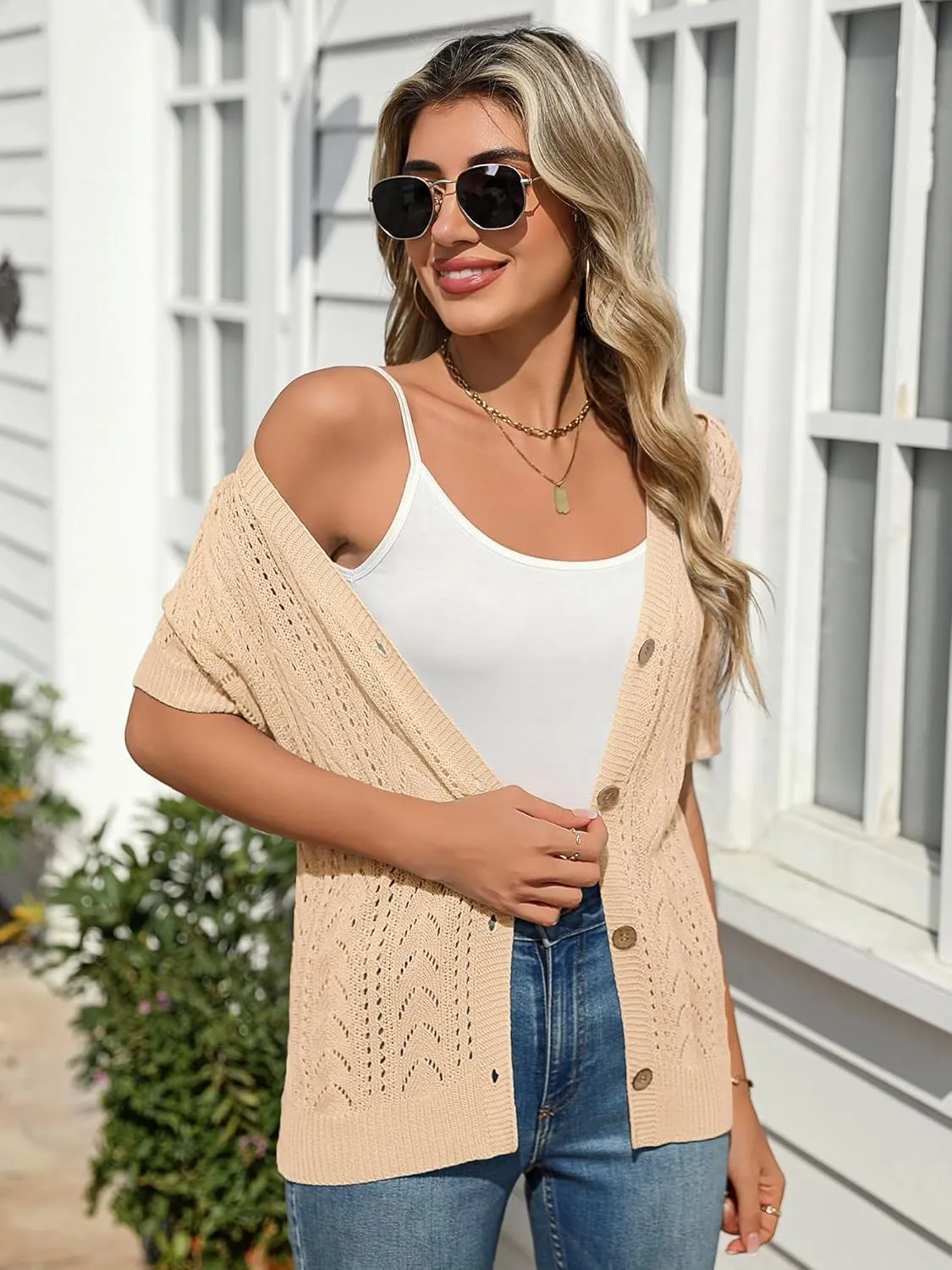 BB&KK Women's Crochet Open Front Cardigan Button Short Sleeve V Neck Soft Knitted Sweater Outerwear Cover Up