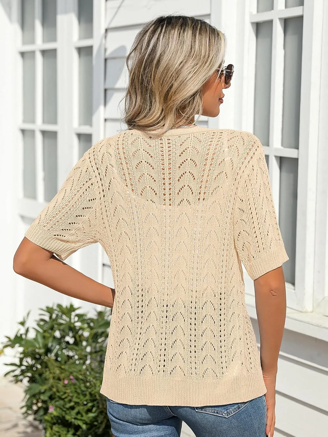 BB&KK Women's Crochet Open Front Cardigan Button Short Sleeve V Neck Soft Knitted Sweater Outerwear Cover Up