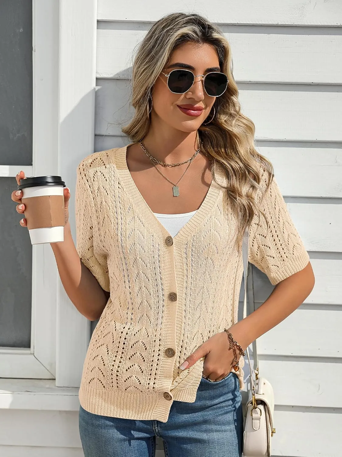 BB&KK Women's Crochet Open Front Cardigan Button Short Sleeve V Neck Soft Knitted Sweater Outerwear Cover Up