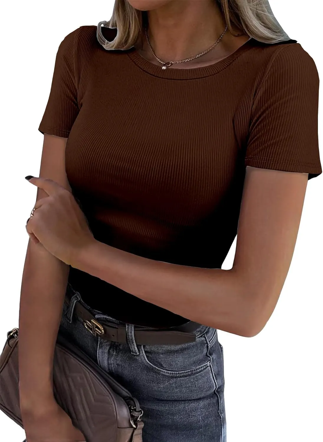 BIDITANLE Womens Summer Short Sleeve T-Shirt Ribbed Knit Crew Neck Slim Fitted Basic Casual Top