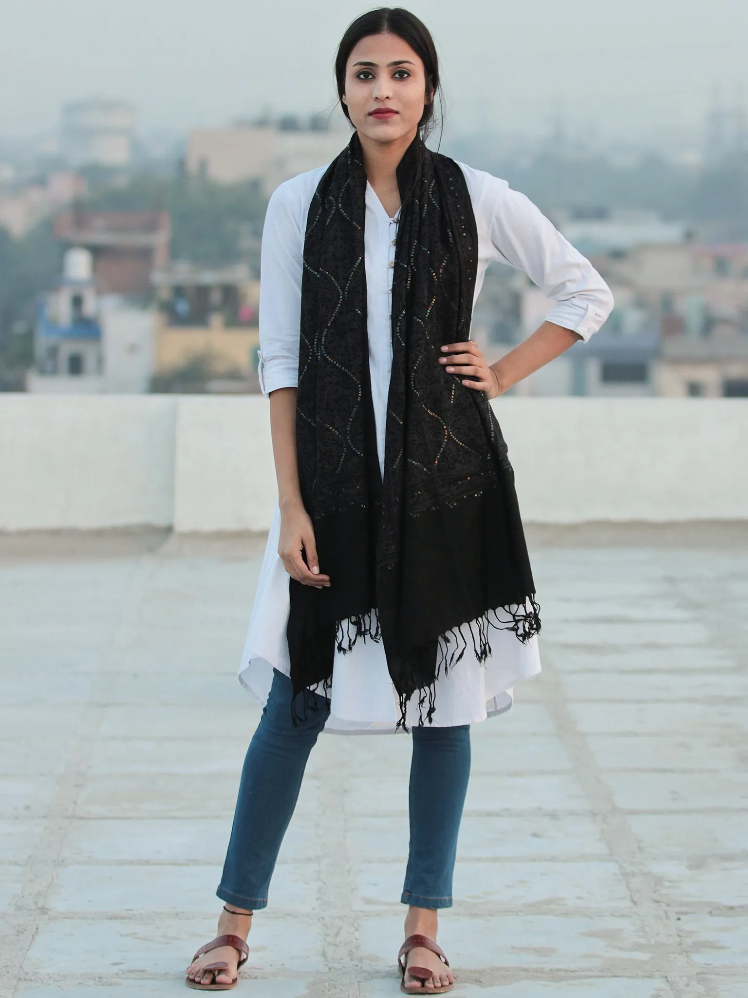 Black Jamavari Aari & Sequence Embroidered Pure Wool Kashmiri Stole - S200545