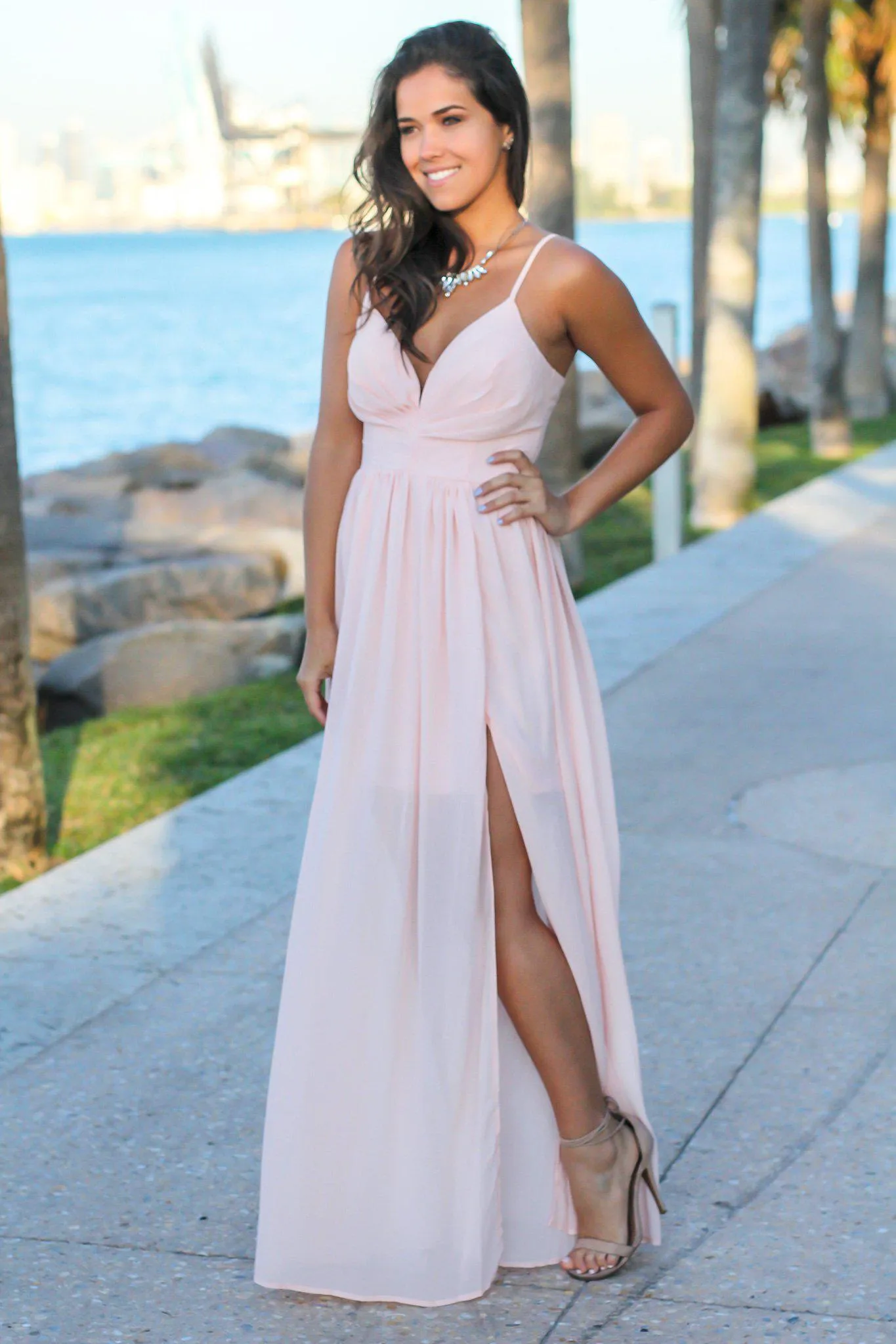 Blush Maxi Dress with Pleated Top and Lace Up Back