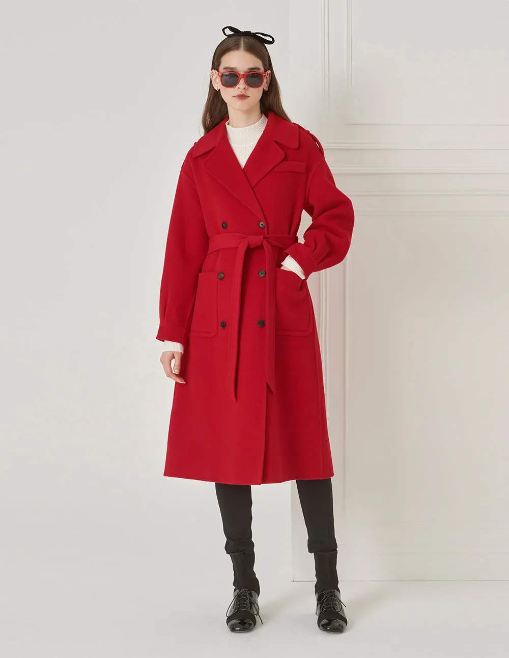 BORA AKSU Elegant Red Lantern Sleeve Lapel Lace-Up Woolen Coat