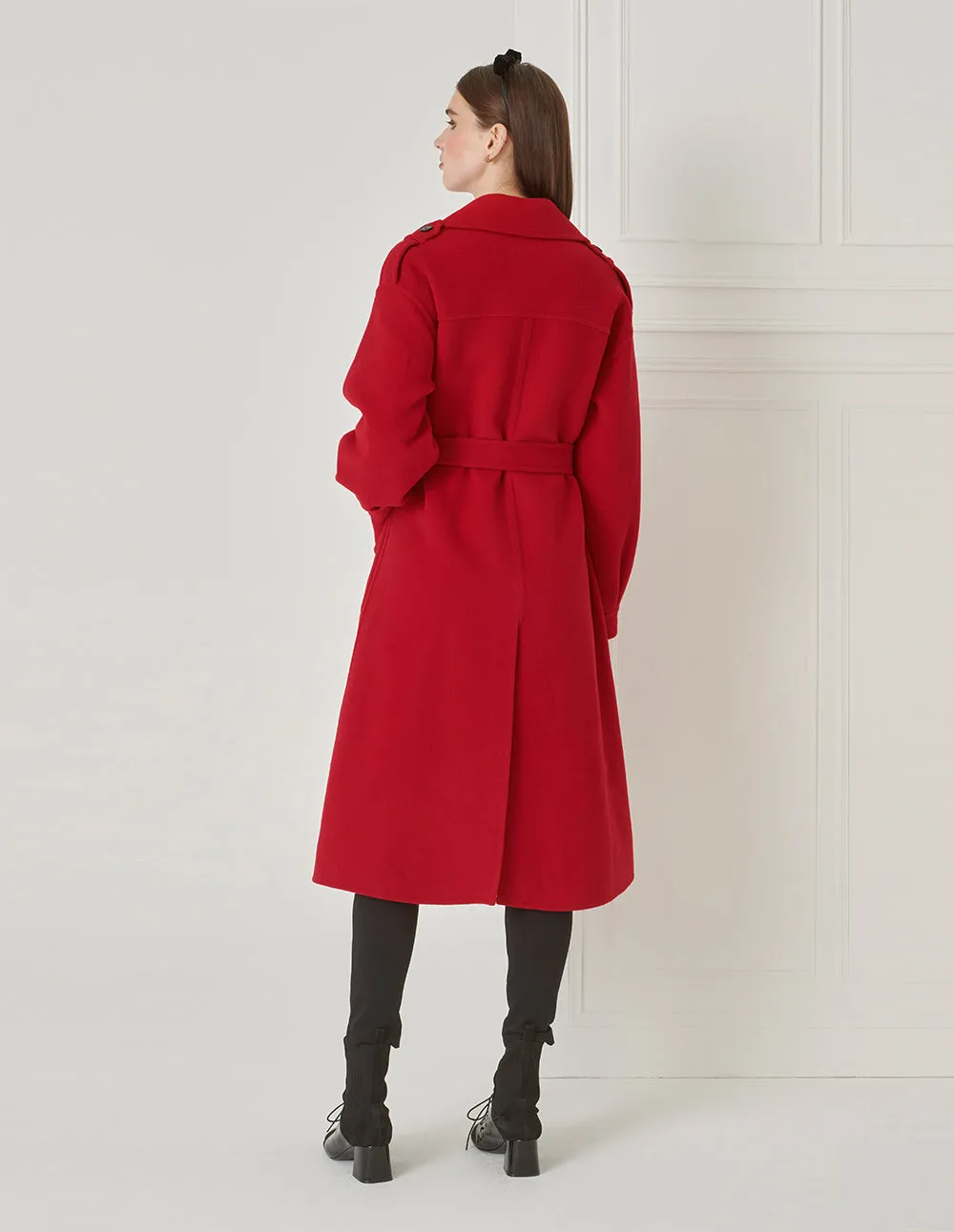 BORA AKSU Elegant Red Lantern Sleeve Lapel Lace-Up Woolen Coat