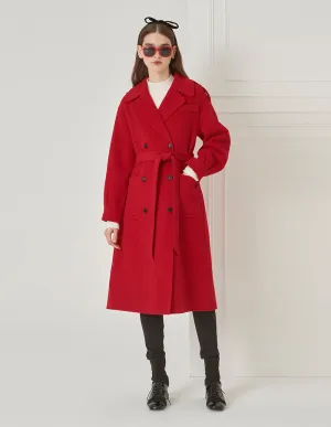 BORA AKSU Elegant Red Lantern Sleeve Lapel Lace-Up Woolen Coat