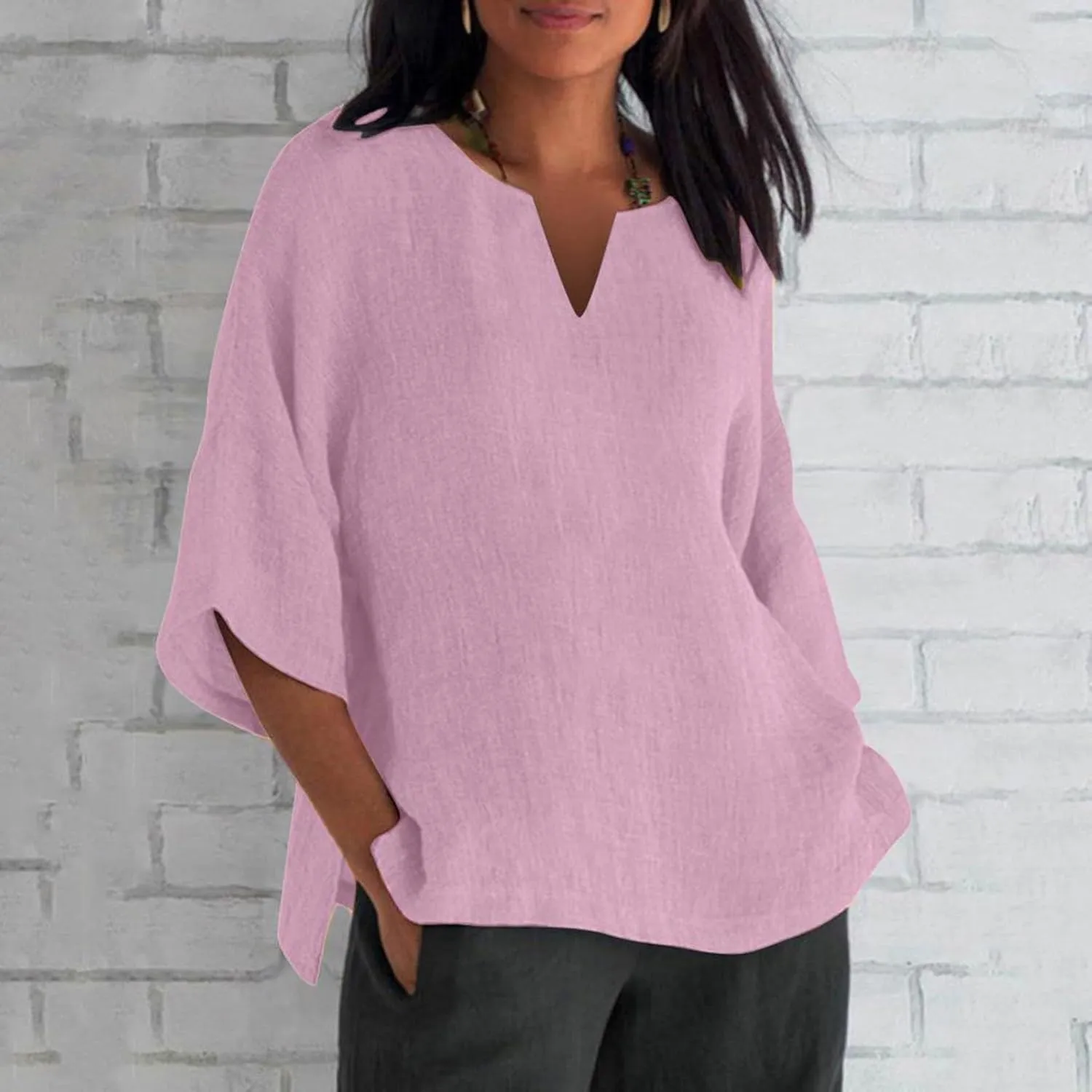 Button Down Shirts for Women V Neck Solid Color Loose Top T Shirt Casual Shirt Solid Color Basic 3/4 Sleeve Tops