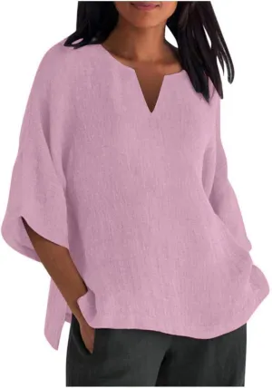Button Down Shirts for Women V Neck Solid Color Loose Top T Shirt Casual Shirt Solid Color Basic 3/4 Sleeve Tops