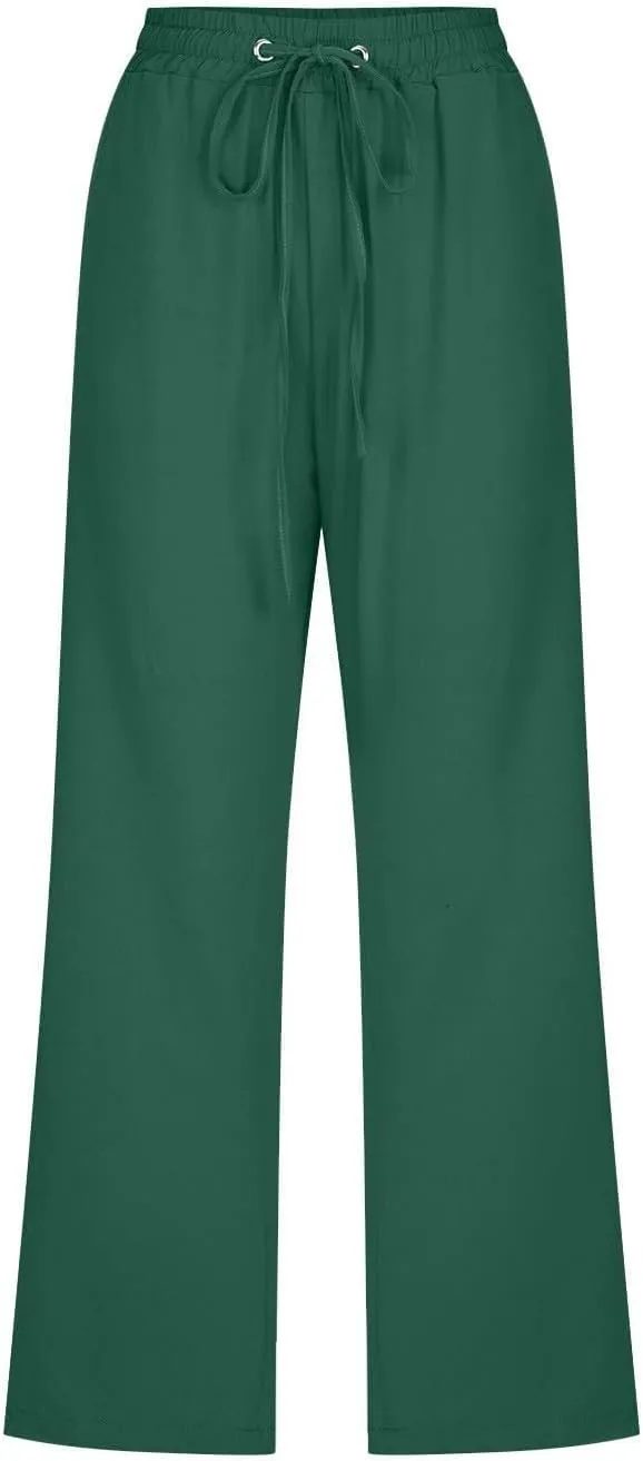 Capri Pants for Women Casual 2025 Summer Drawstring Elastic High Waist Linen Pant Straight Wide Leg Cropped Trouser