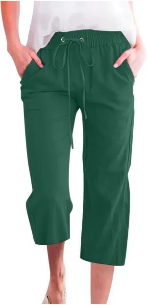 Capri Pants for Women Casual 2025 Summer Drawstring Elastic High Waist Linen Pant Straight Wide Leg Cropped Trouser