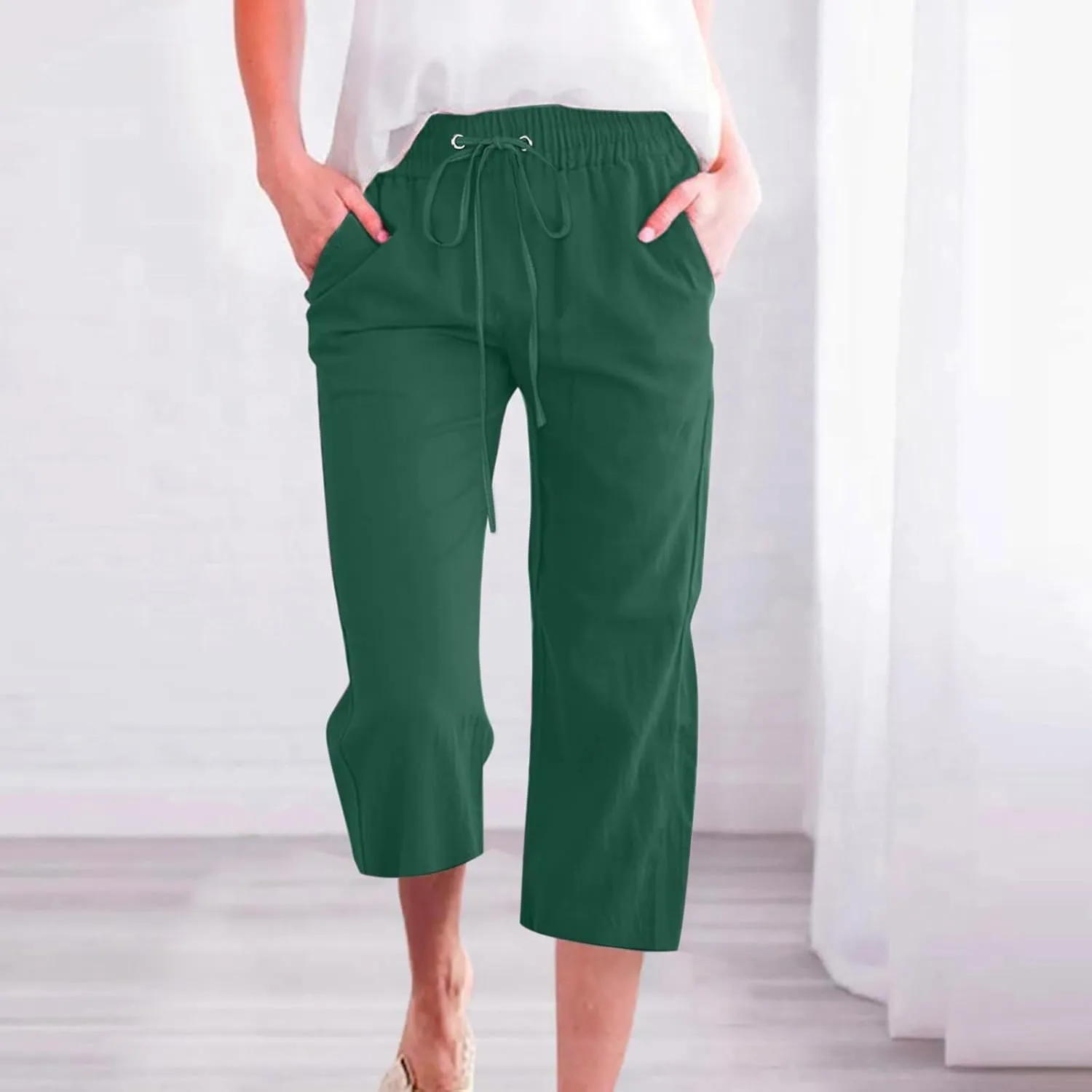 Capri Pants for Women Casual 2025 Summer Drawstring Elastic High Waist Linen Pant Straight Wide Leg Cropped Trouser