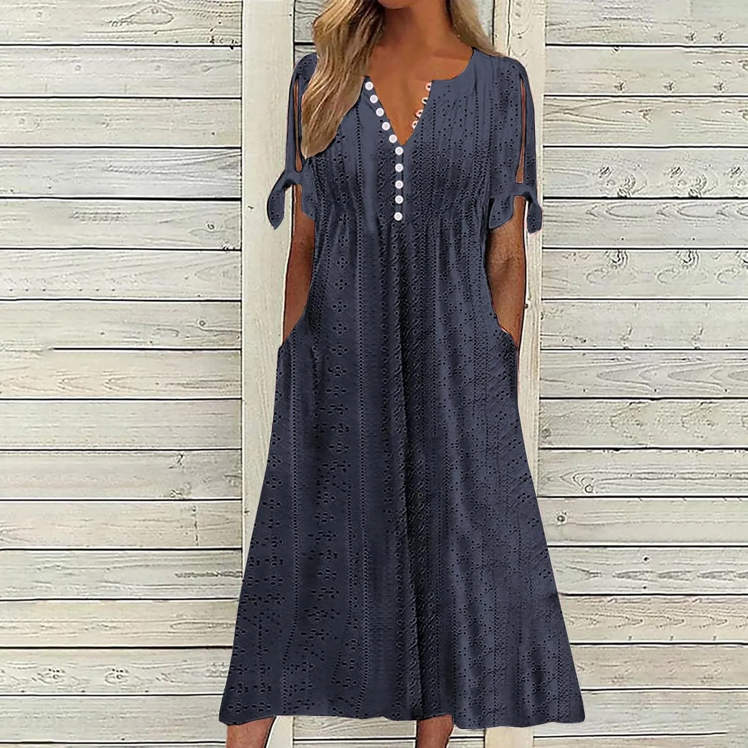 Ceboyel Womens Eyelet Casual Summer Dress Boho Embroidery Maxi Dresses Pleated Long Dress Vacation Trendy Clothing 2024