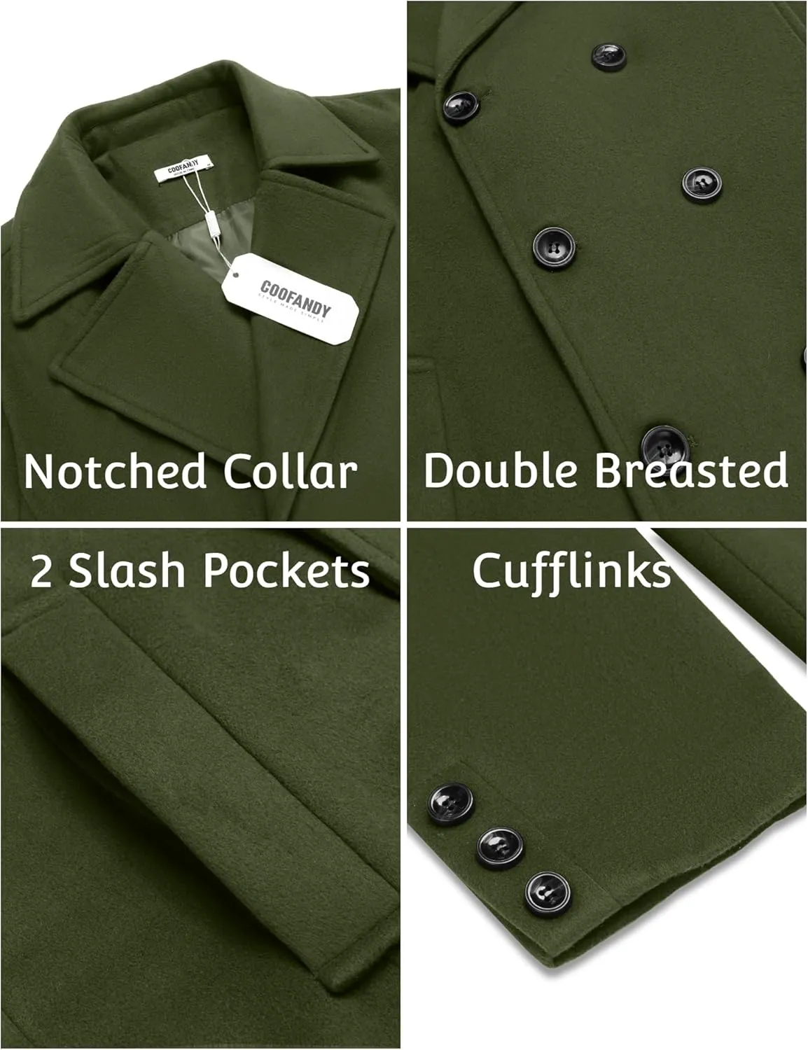 COOFANDY Men's Double Breasted Pea Coat Winter Overcoat Short Trench Coat Notched Collar