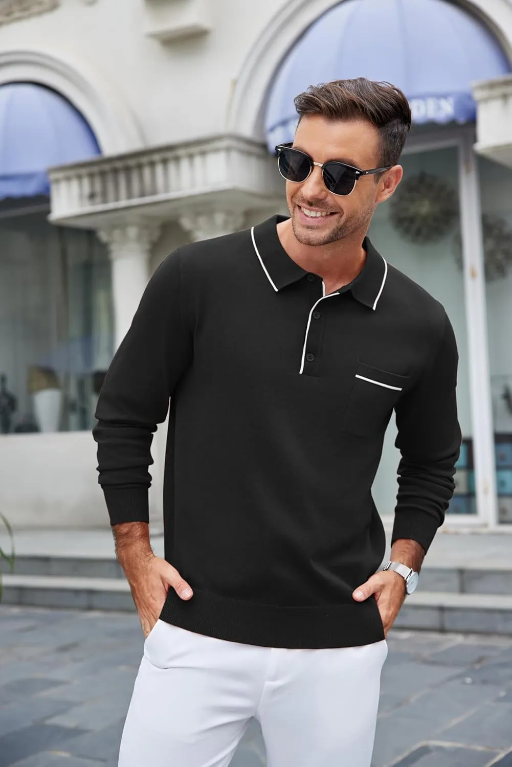 COOFANDY Mens Knit Polo Long Sleeve Collared Sweater Polo Business Casual Polos with Pocket