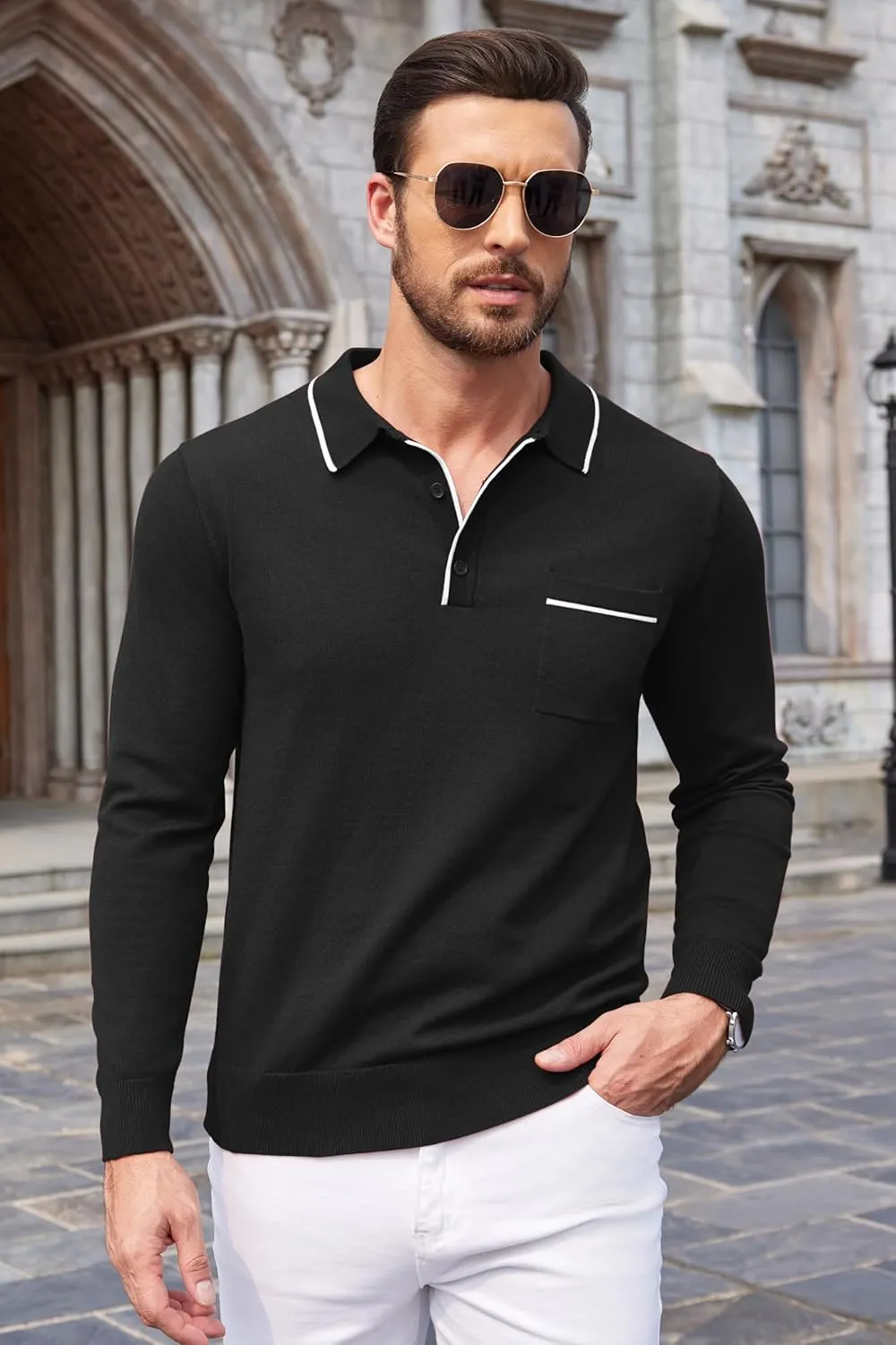 COOFANDY Mens Knit Polo Long Sleeve Collared Sweater Polo Business Casual Polos with Pocket