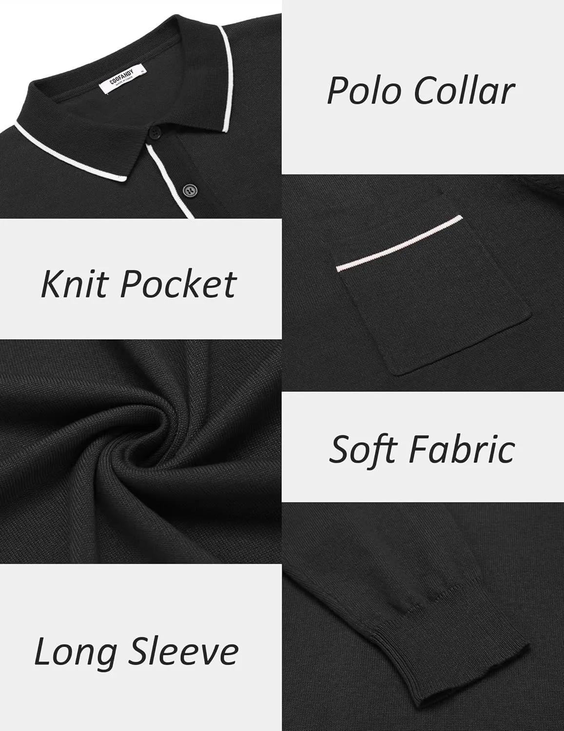 COOFANDY Mens Knit Polo Long Sleeve Collared Sweater Polo Business Casual Polos with Pocket