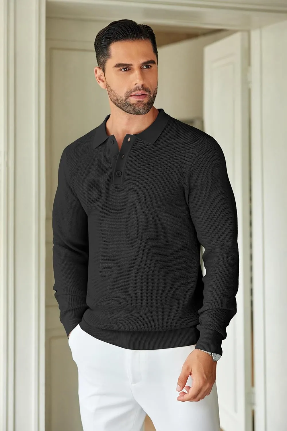 COOFANDY Mens Knit Polo Shirts Long Sleeve Sweater Casual Polo Shirts Lightweight Collared T Shirts