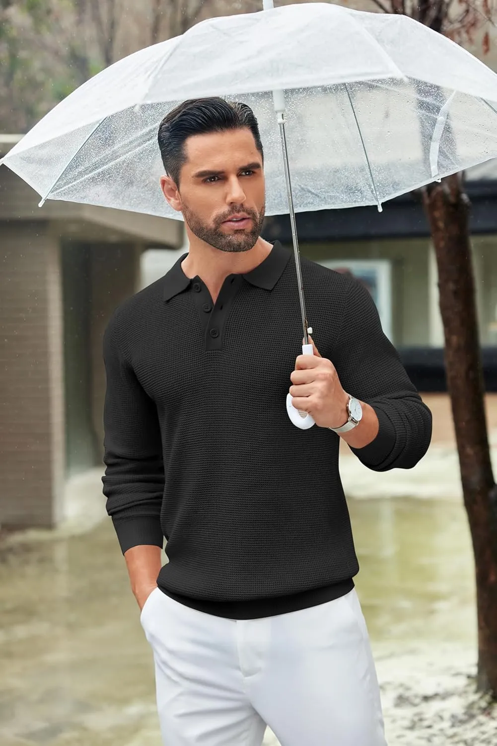 COOFANDY Mens Knit Polo Shirts Long Sleeve Sweater Casual Polo Shirts Lightweight Collared T Shirts