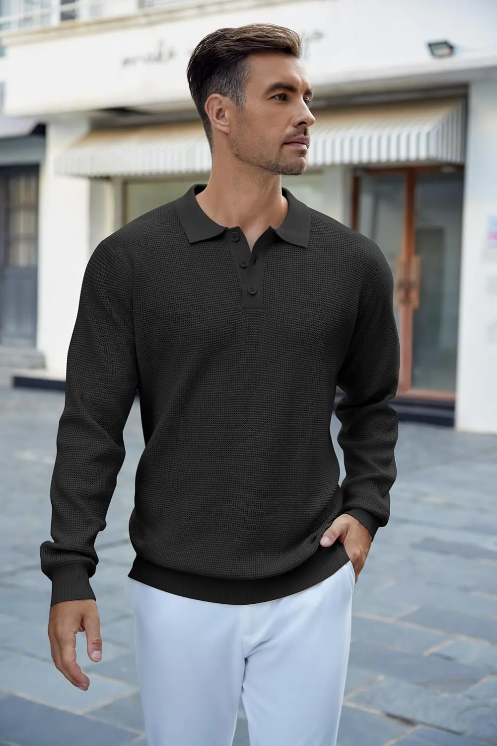 COOFANDY Mens Knit Polo Shirts Long Sleeve Sweater Casual Polo Shirts Lightweight Collared T Shirts