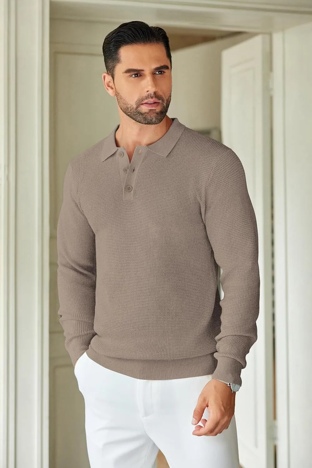COOFANDY Mens Knit Polo Shirts Long Sleeve Sweater Casual Polo Shirts Lightweight Collared T Shirts