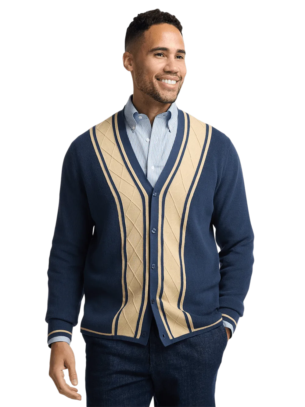 Cotton Button Front Cardigan Sweater - Navy