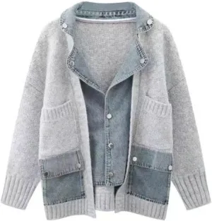 FindThy Womens Trendy Button Up Cardigan Long Sleeve Color Block Jean Cardigan Coats