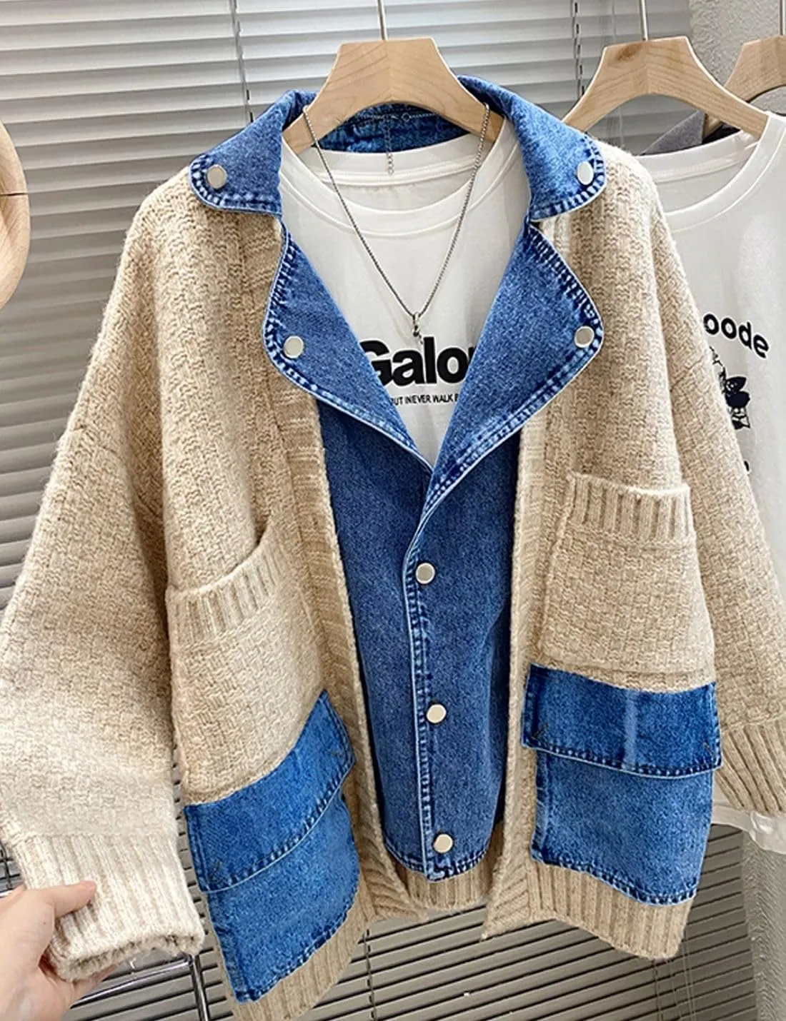 FindThy Womens Trendy Button Up Cardigan Long Sleeve Color Block Jean Cardigan Coats