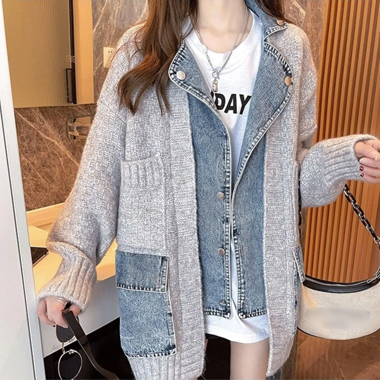FindThy Womens Trendy Button Up Cardigan Long Sleeve Color Block Jean Cardigan Coats