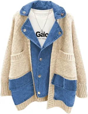 FindThy Womens Trendy Button Up Cardigan Long Sleeve Color Block Jean Cardigan Coats