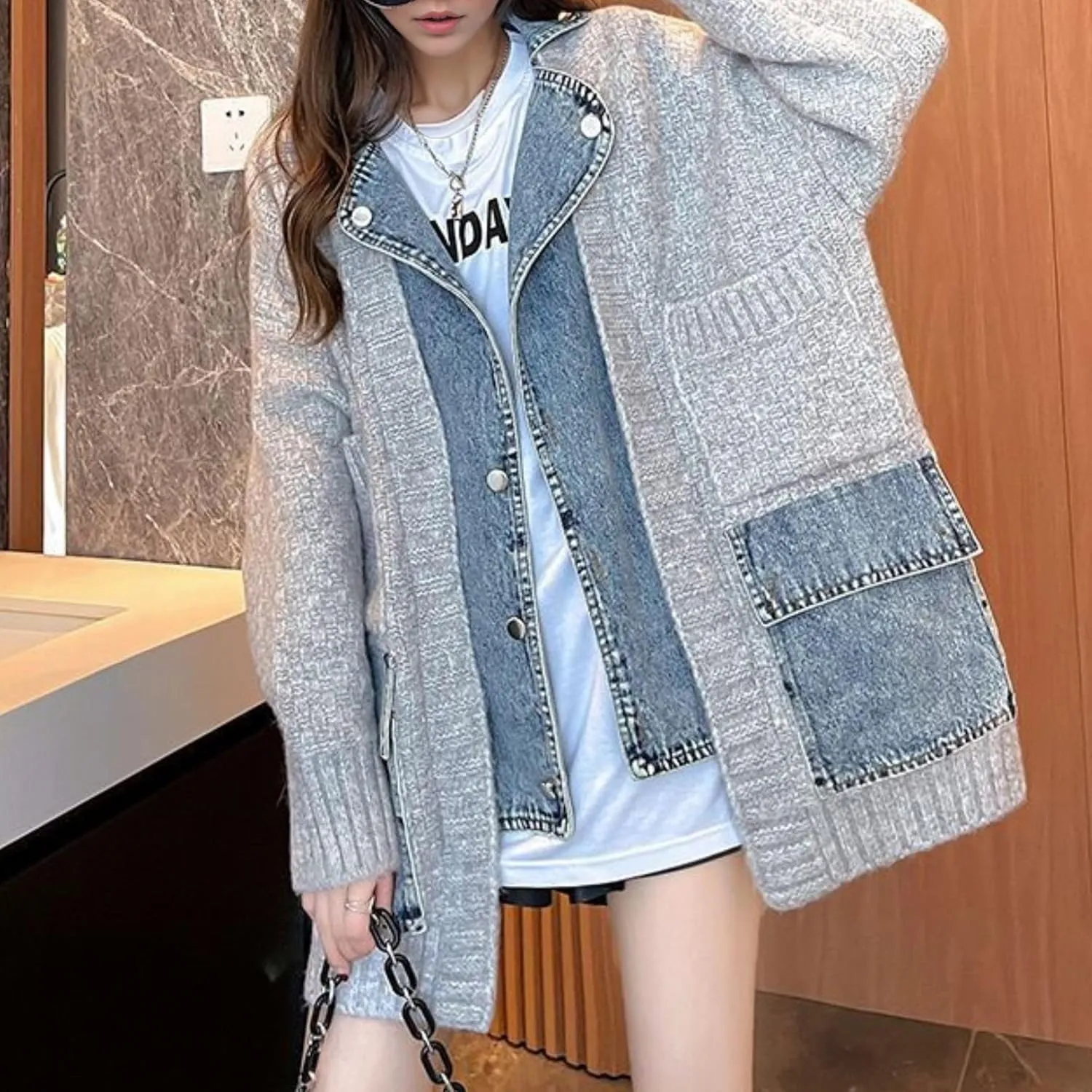 FindThy Womens Trendy Button Up Cardigan Long Sleeve Color Block Jean Cardigan Coats