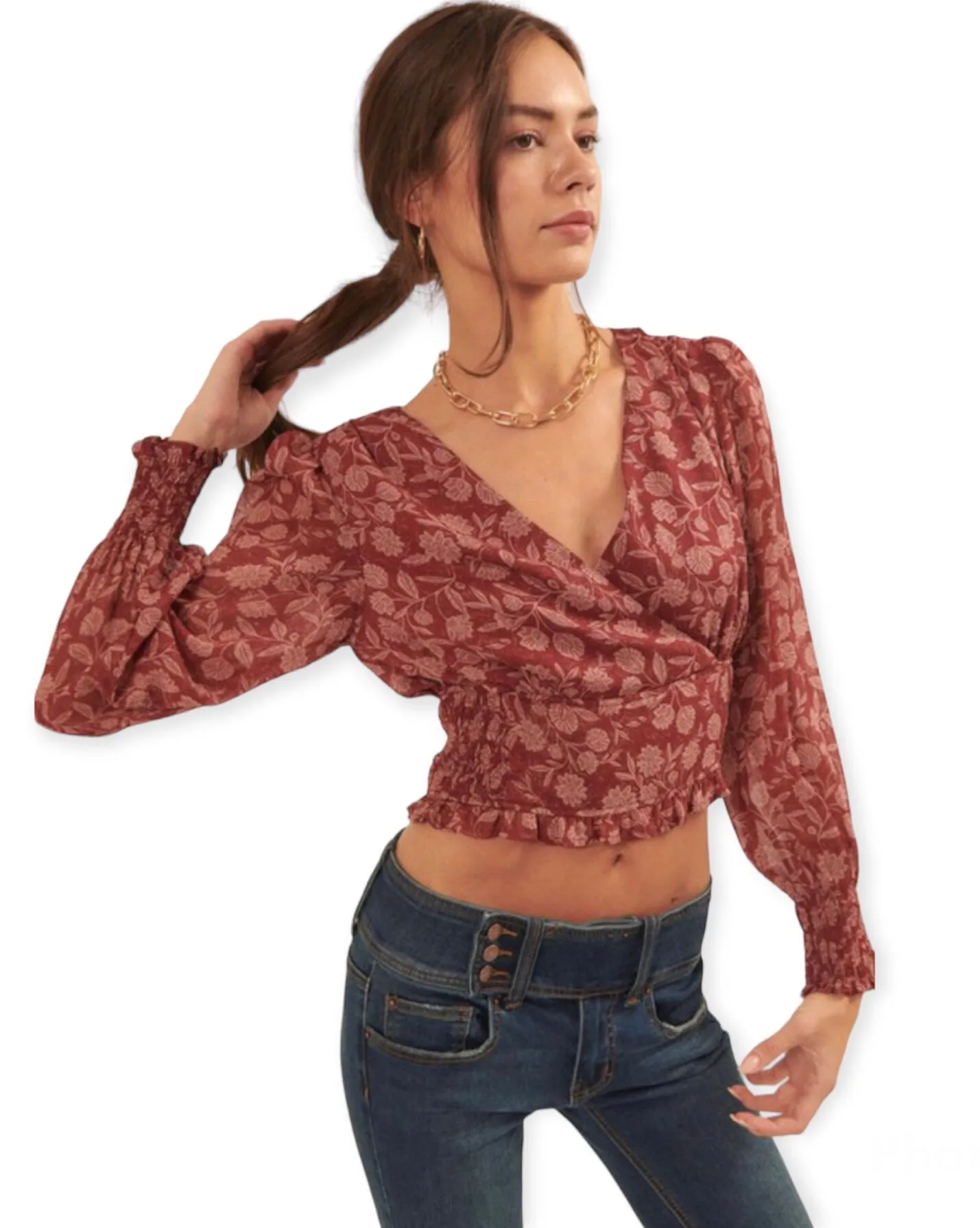 Floral Surplice Neck Long Sleeve Woven Blouse
