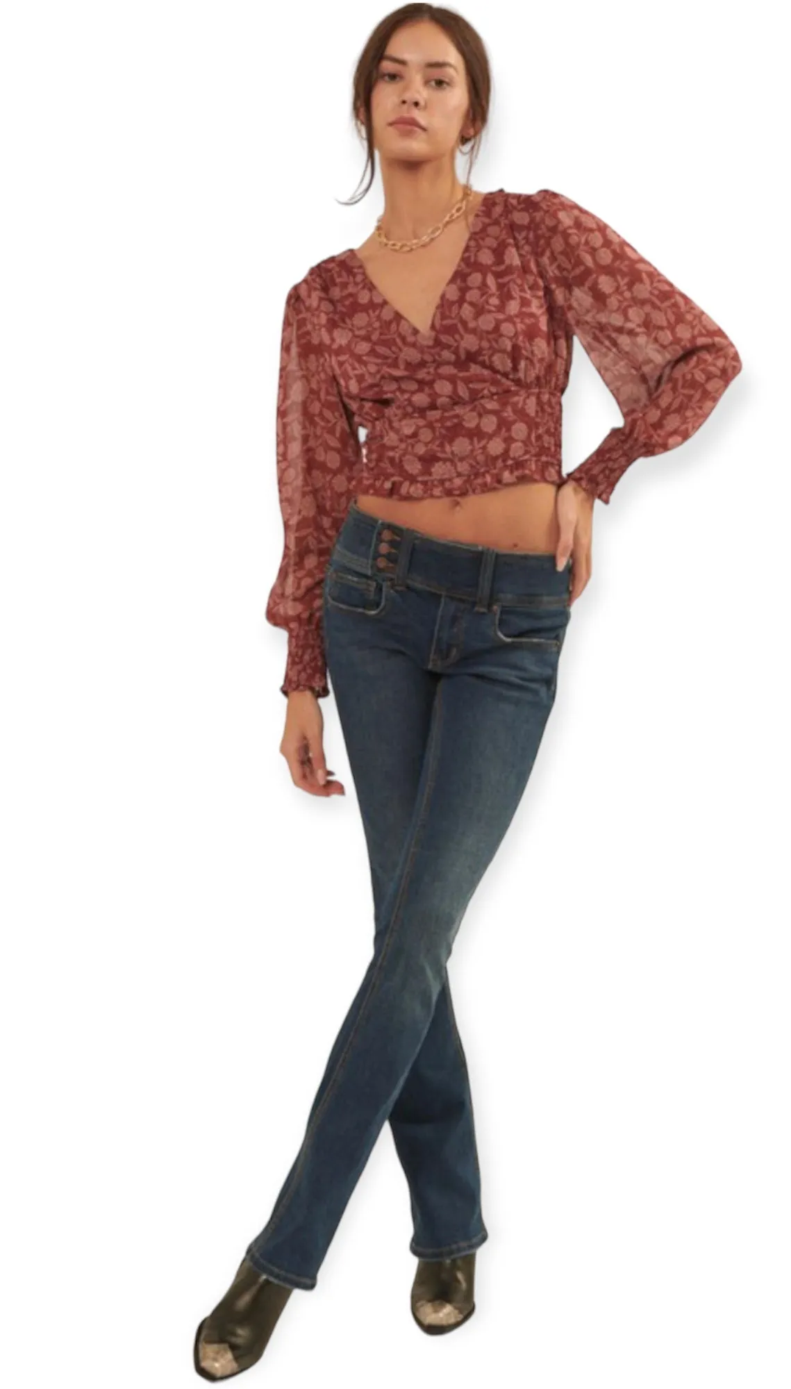 Floral Surplice Neck Long Sleeve Woven Blouse