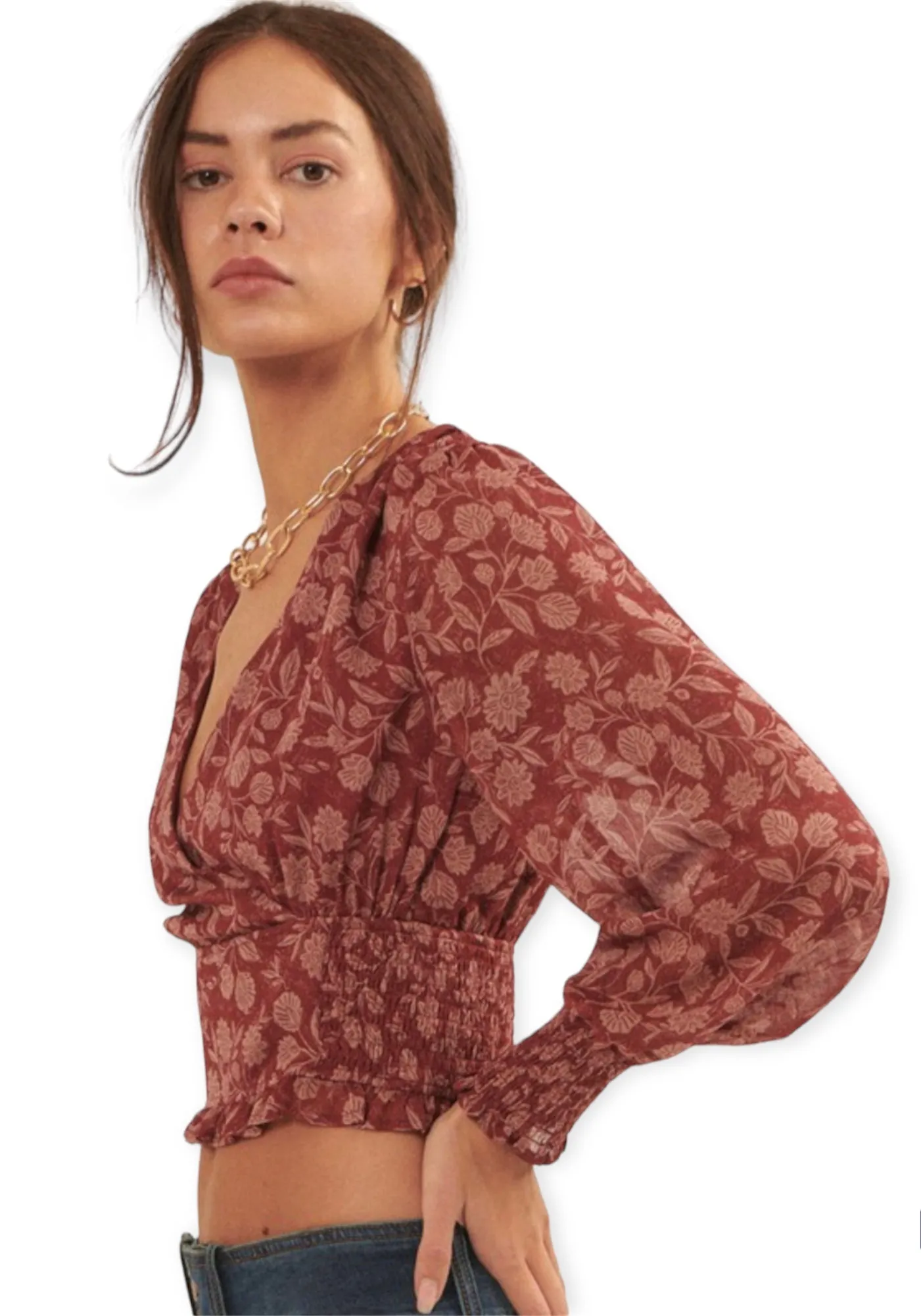 Floral Surplice Neck Long Sleeve Woven Blouse