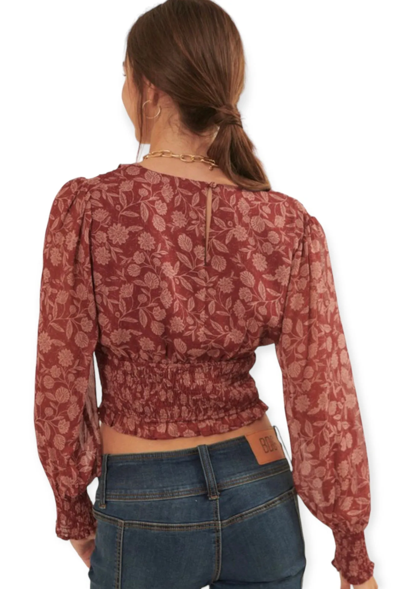 Floral Surplice Neck Long Sleeve Woven Blouse