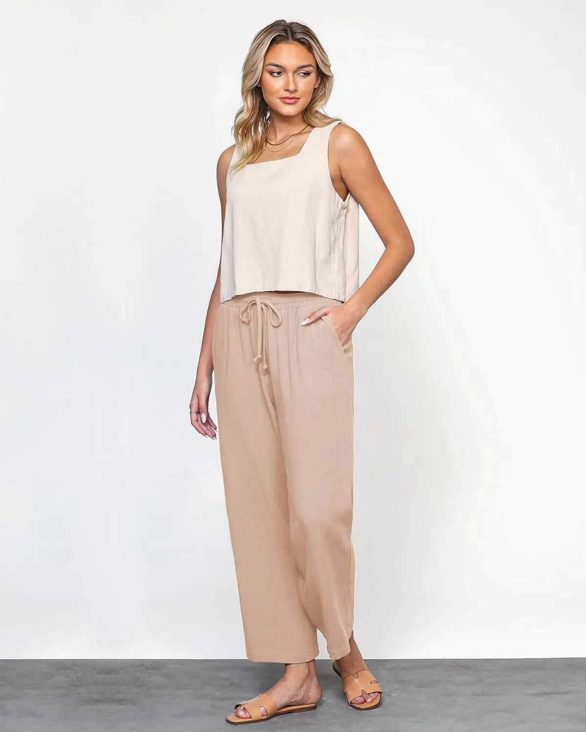 GRAPENT Linen Pants for Women High Waisted Wide Leg Capri Elastic Waist Casual Beach Flowy Cropped Summer Capris Pants