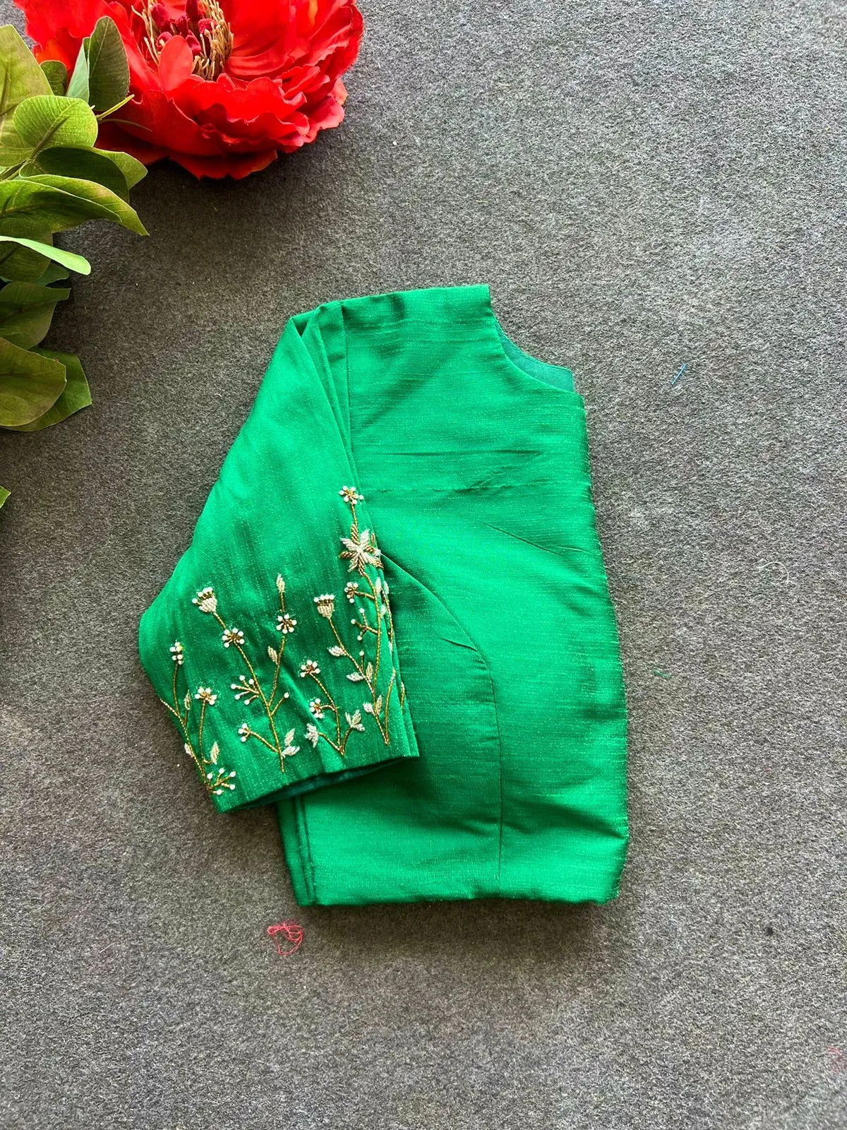 Green silk sleeves hand work blouse