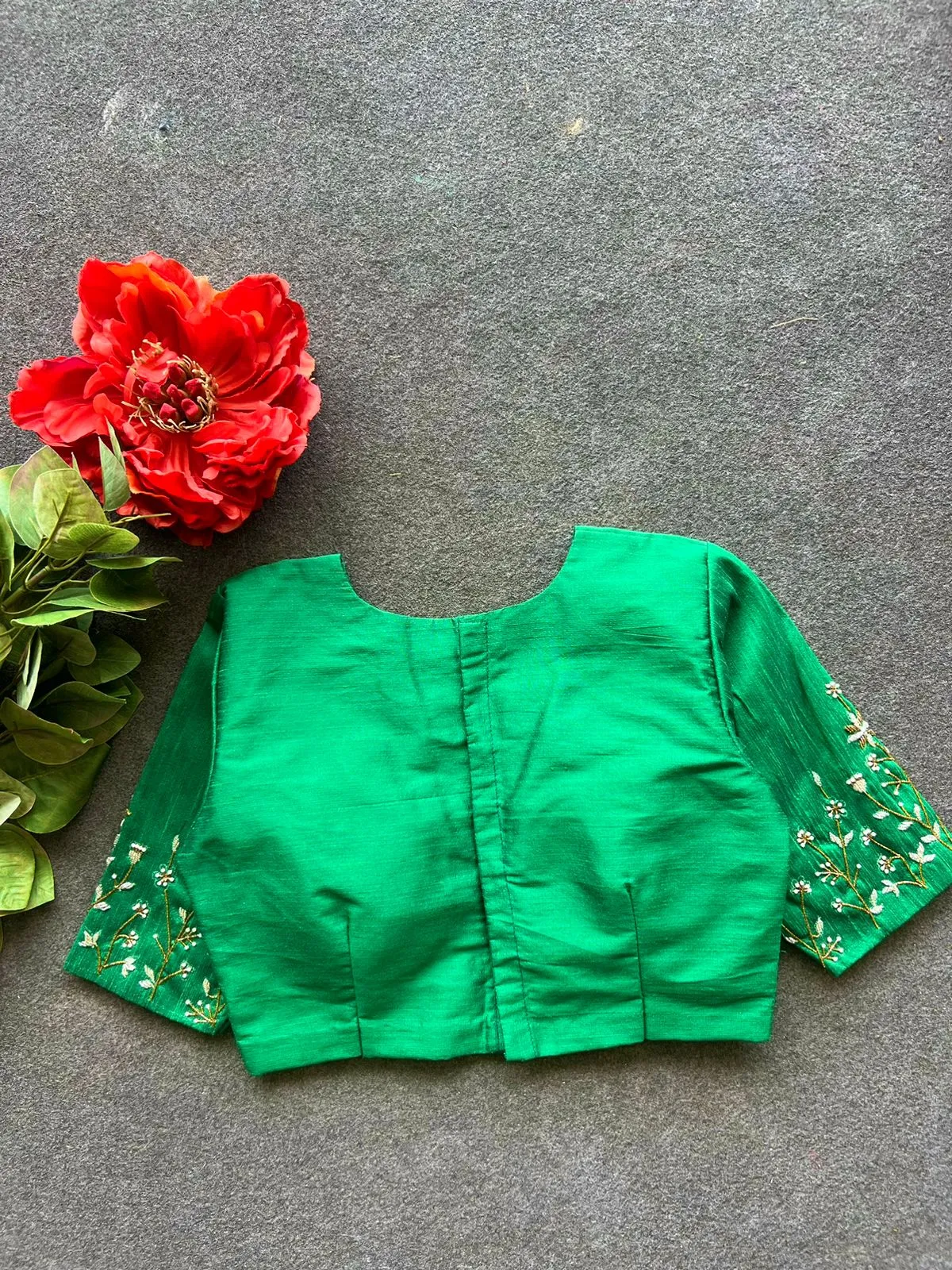 Green silk sleeves hand work blouse