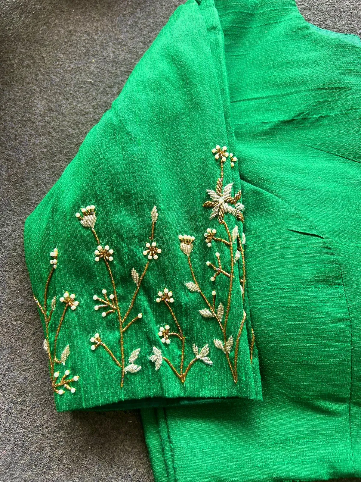 Green silk sleeves hand work blouse