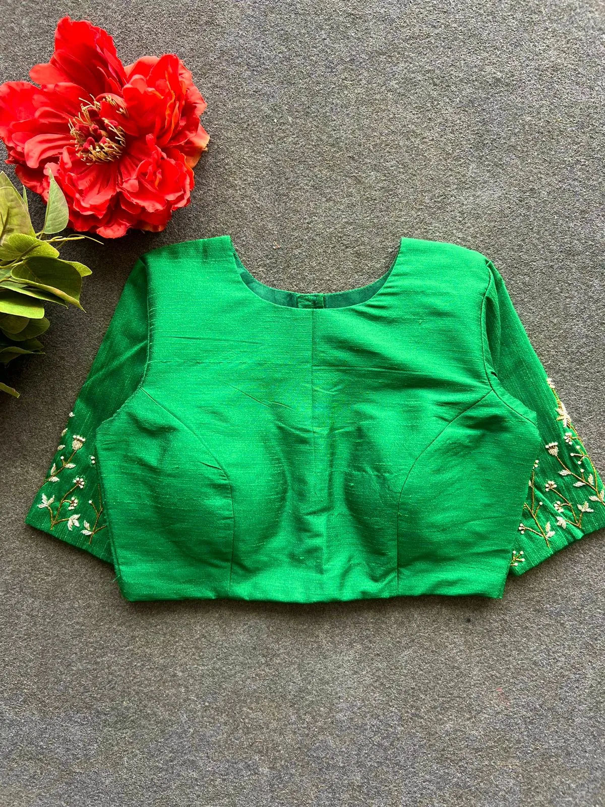 Green silk sleeves hand work blouse
