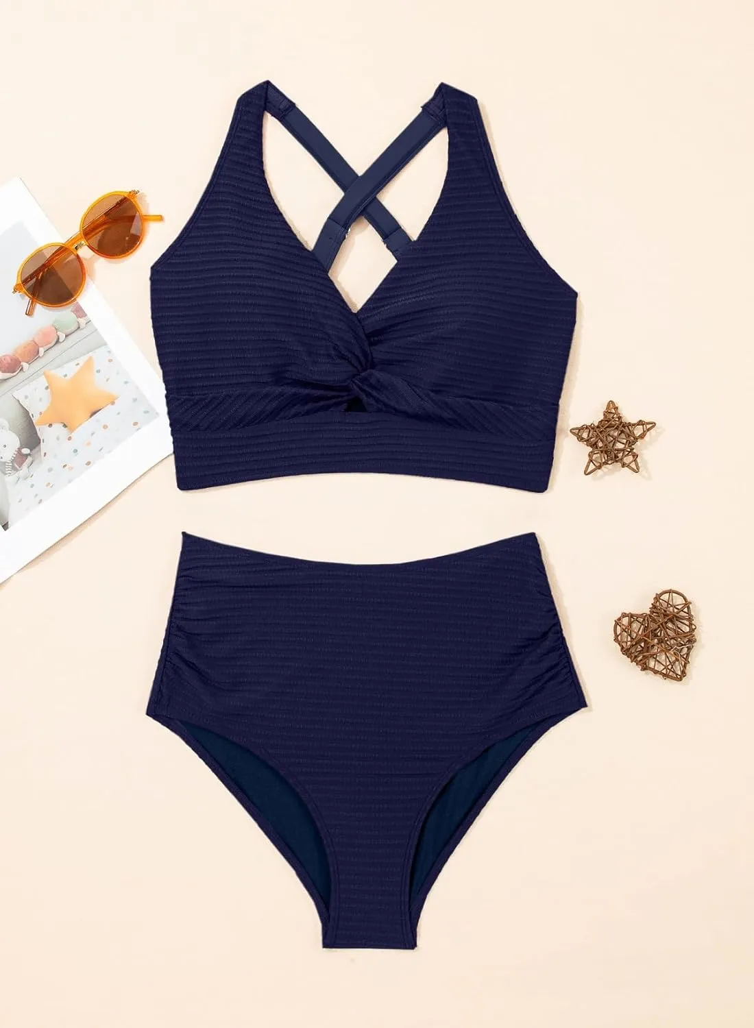 Herseas Women's Textured Bikini Sets Twist Front Top Swimsuits High Waisted Bathing Suits