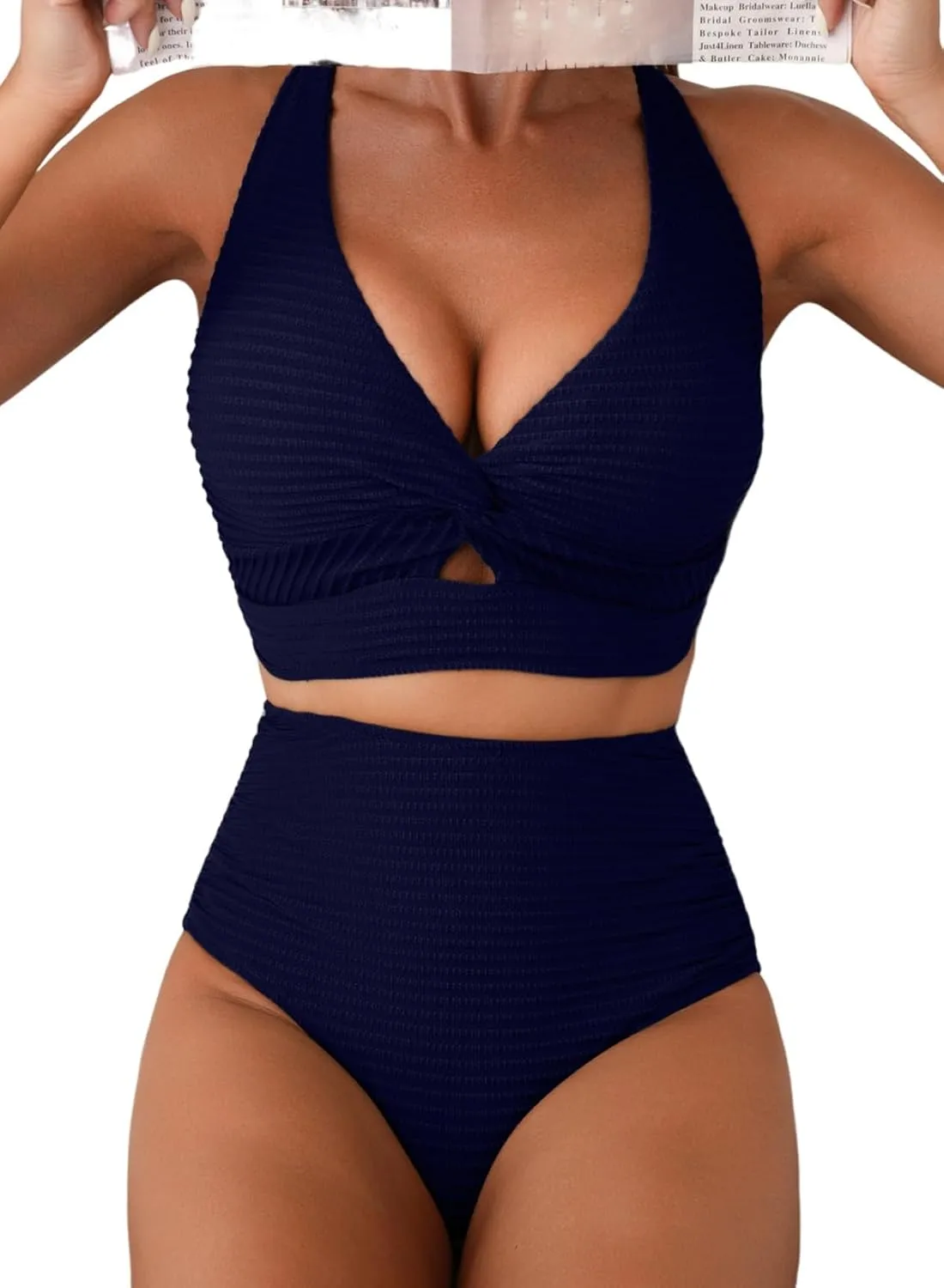 Herseas Women's Textured Bikini Sets Twist Front Top Swimsuits High Waisted Bathing Suits