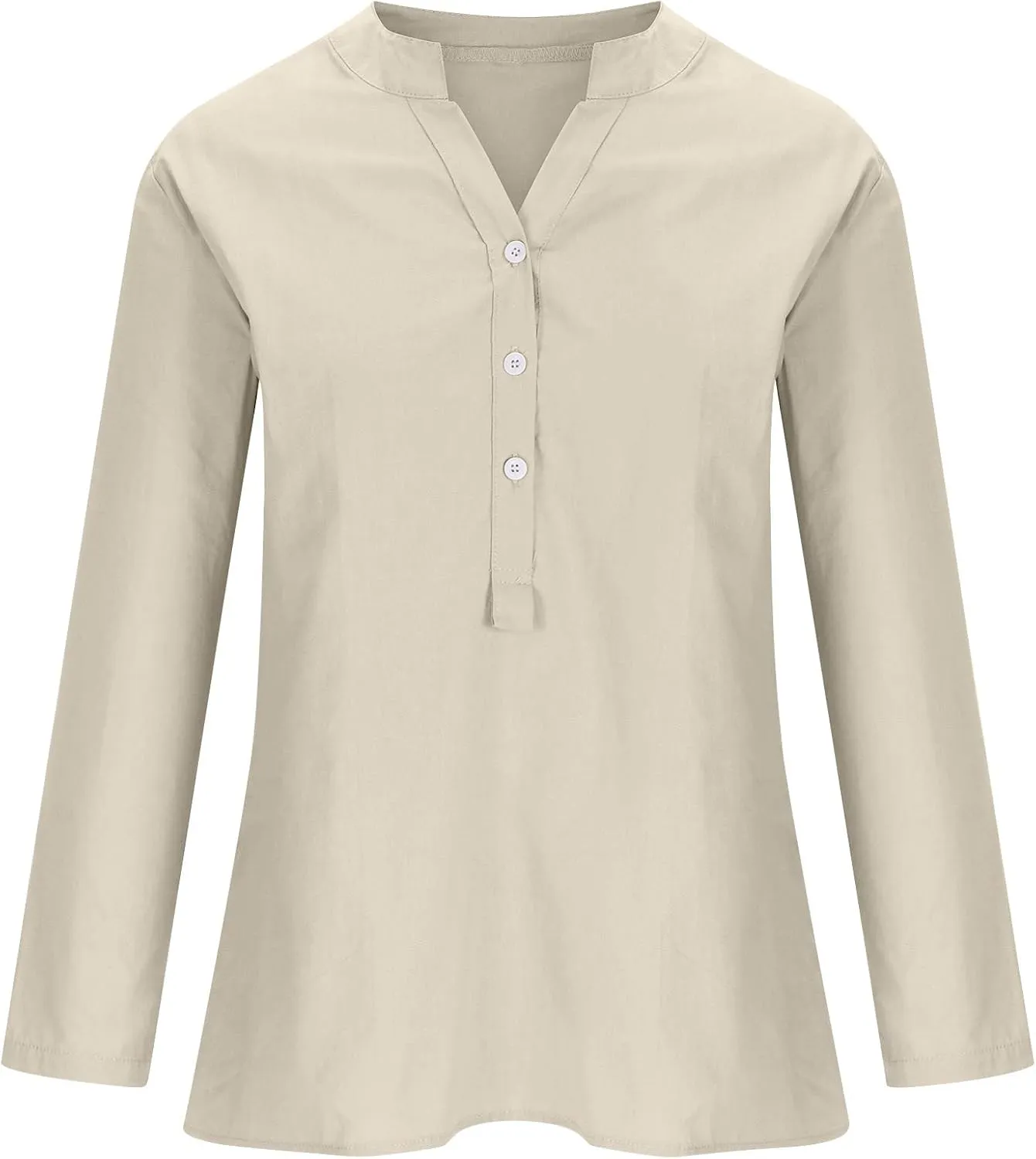 HGps8w Oversized Cotton Linen Tops for Women Half Button V Neck Long Sleeve Loose T-Shirts Summer Solid Color Tunic Blouse