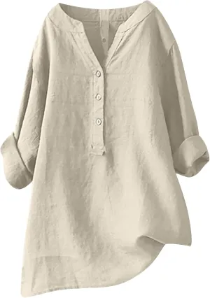 HGps8w Oversized Cotton Linen Tops for Women Half Button V Neck Long Sleeve Loose T-Shirts Summer Solid Color Tunic Blouse